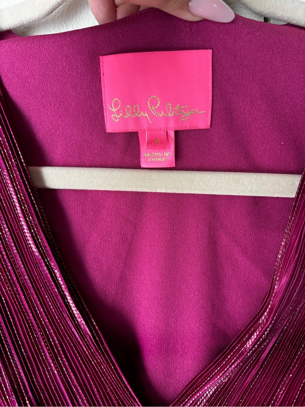 Lilly Pulitzer Jessamie Metallic Mulberry Foil Crinkle Wrap Dress Sz 8 NWOT - Picture 4 of 6